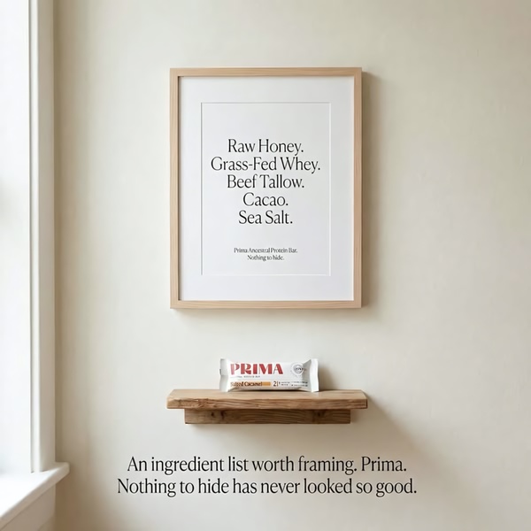 A clean, studio-lit photograph of a protein bar placed beneath a framed print that lists its simple, whole-food ingredients.